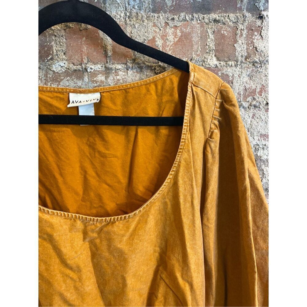 AVA & VIV Pumpkin Burnt Orange 100% Cotton Scoop Neck 3/4 Puff Sleeve Knee-lengt